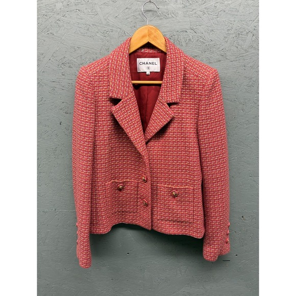 Chanel Tweed Jacket Women's FR 40 US 8 Red Pink Wool‎ Blend Silk Lining Blazer - Picture 1 of 14